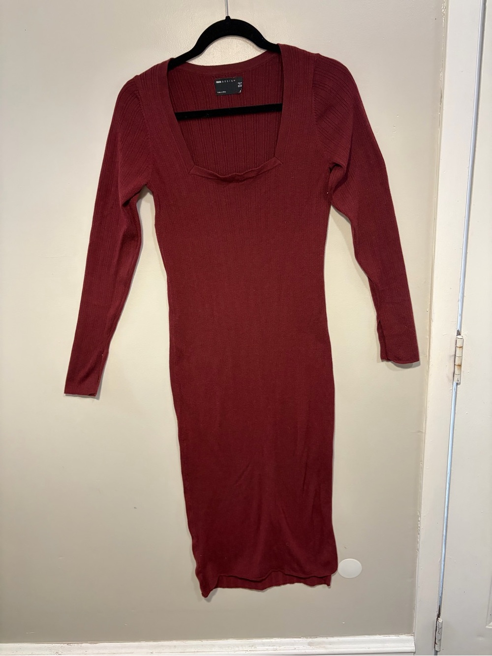 ASOS Burgundy Long Sleeve Ribbed Bodycon Dress